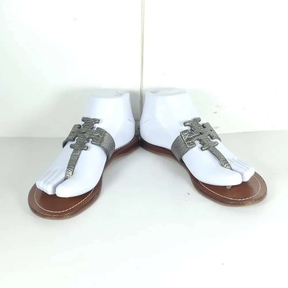 Tory Burch Women's Moore US 7M Metalic Pewter Leather SlipOn Flat Thong Sandals